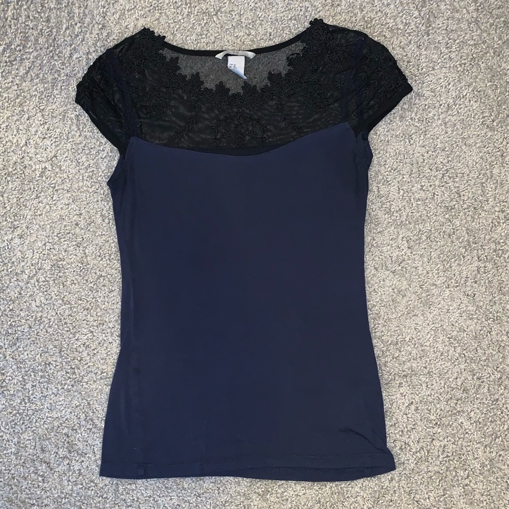 H&M Navy Blouse with Black Mesh